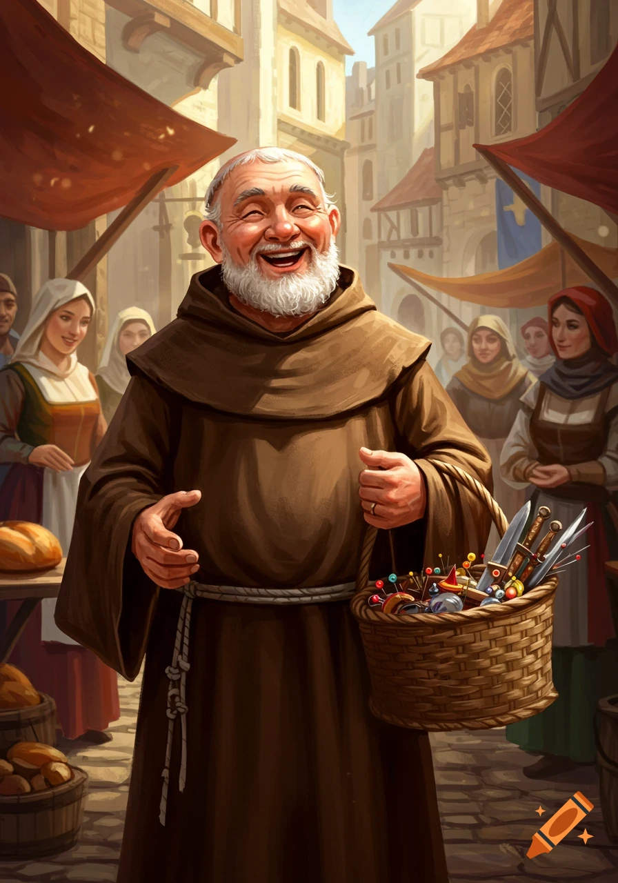 A joyful friar in a brown robe holds a basket of pins and small knives in a bustling medieval market, illustration style.
