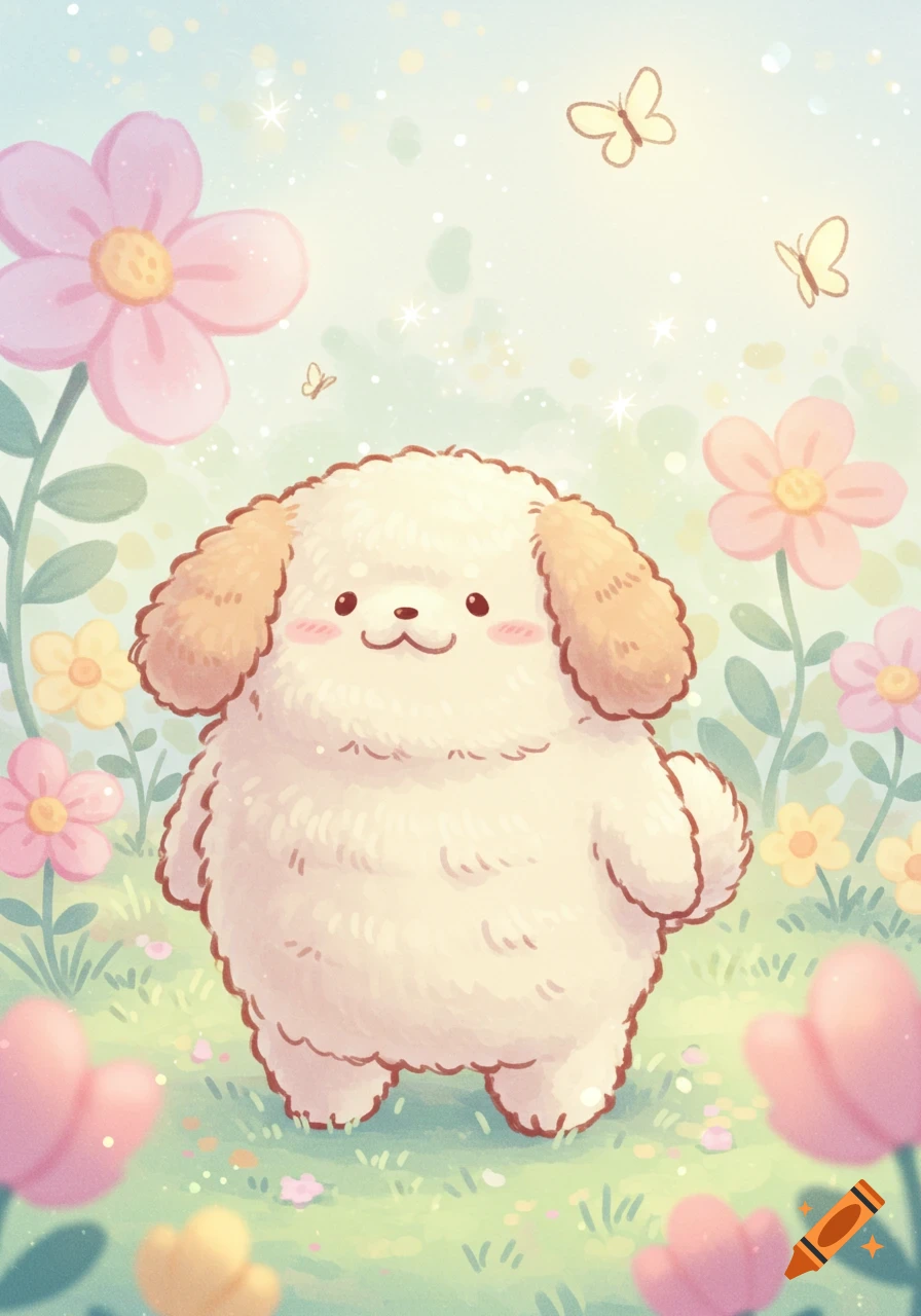 A fluffy, round, cream-colored kawaii dog stands in a whimsical field of pastel flowers and butterflies.