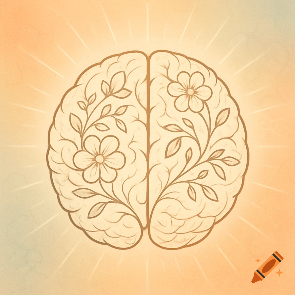 Stylized outline graphic of a brain, with flowers and vines growing within its two hemispheres, on a soft gradient background with light rays.