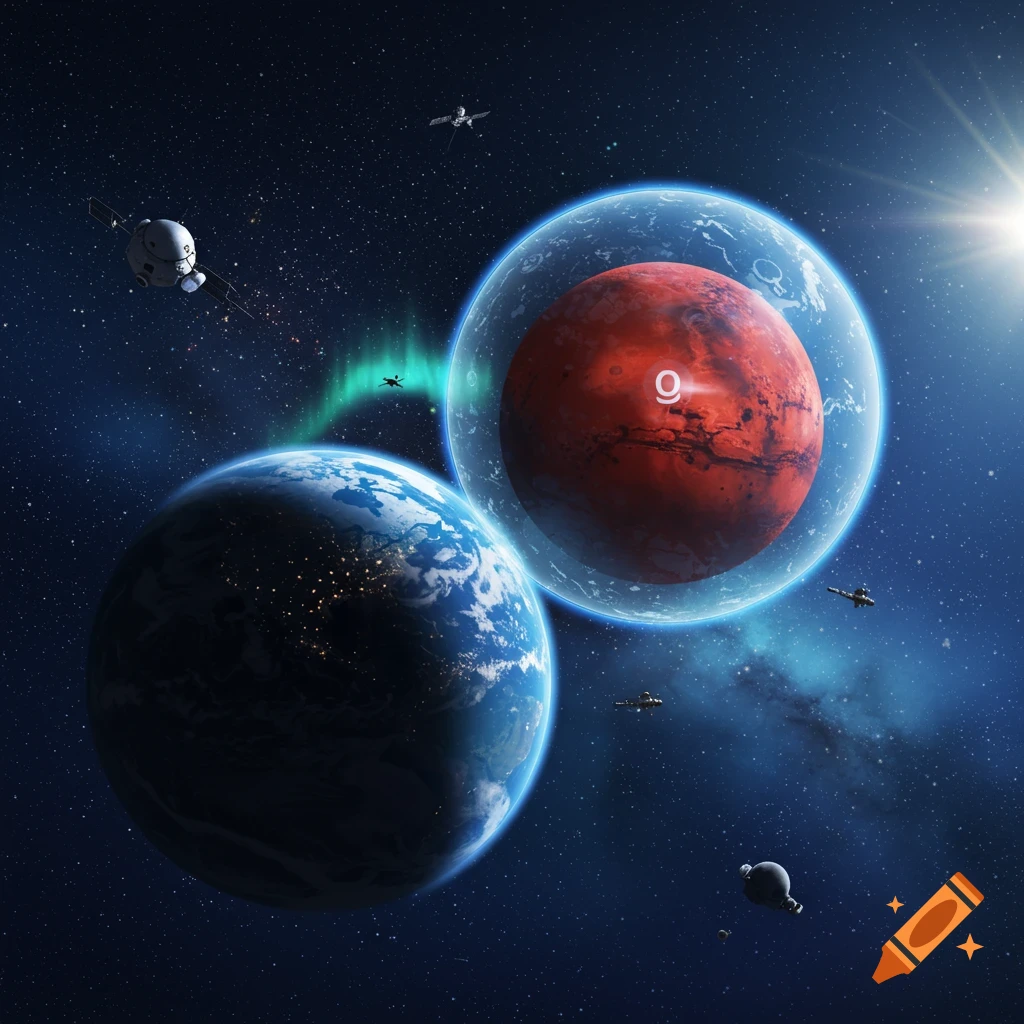 A detailed view of Earth and Mars in space, with Mars enclosed in a large oxygen bubble, surrounded by spaceships and stars.