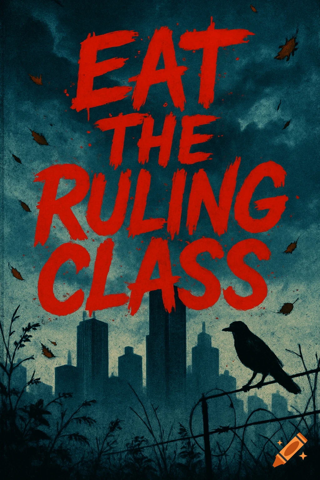 A grunge-style poster featuring blood-red text 'EAT THE RULING CLASS' over a dark silhouette of a city skyline, a crow on barbed wire, and falling leaves against a stormy blue sky.