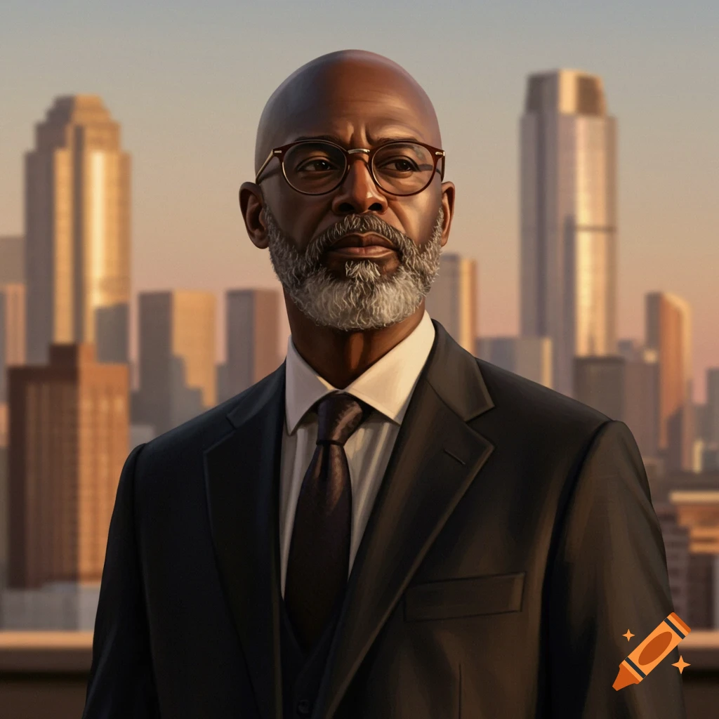 A distinguished bald man with a gray beard and glasses in a suit, against a city skyline at sunset.