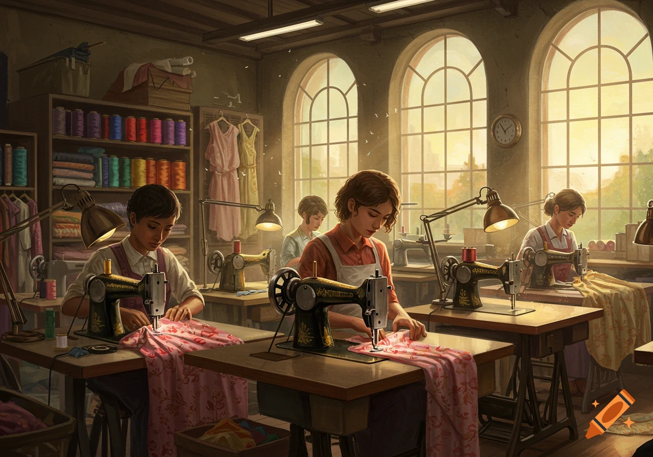Women in aprons sew at vintage machines in a sunny workshop with shelves of fabric and thread.