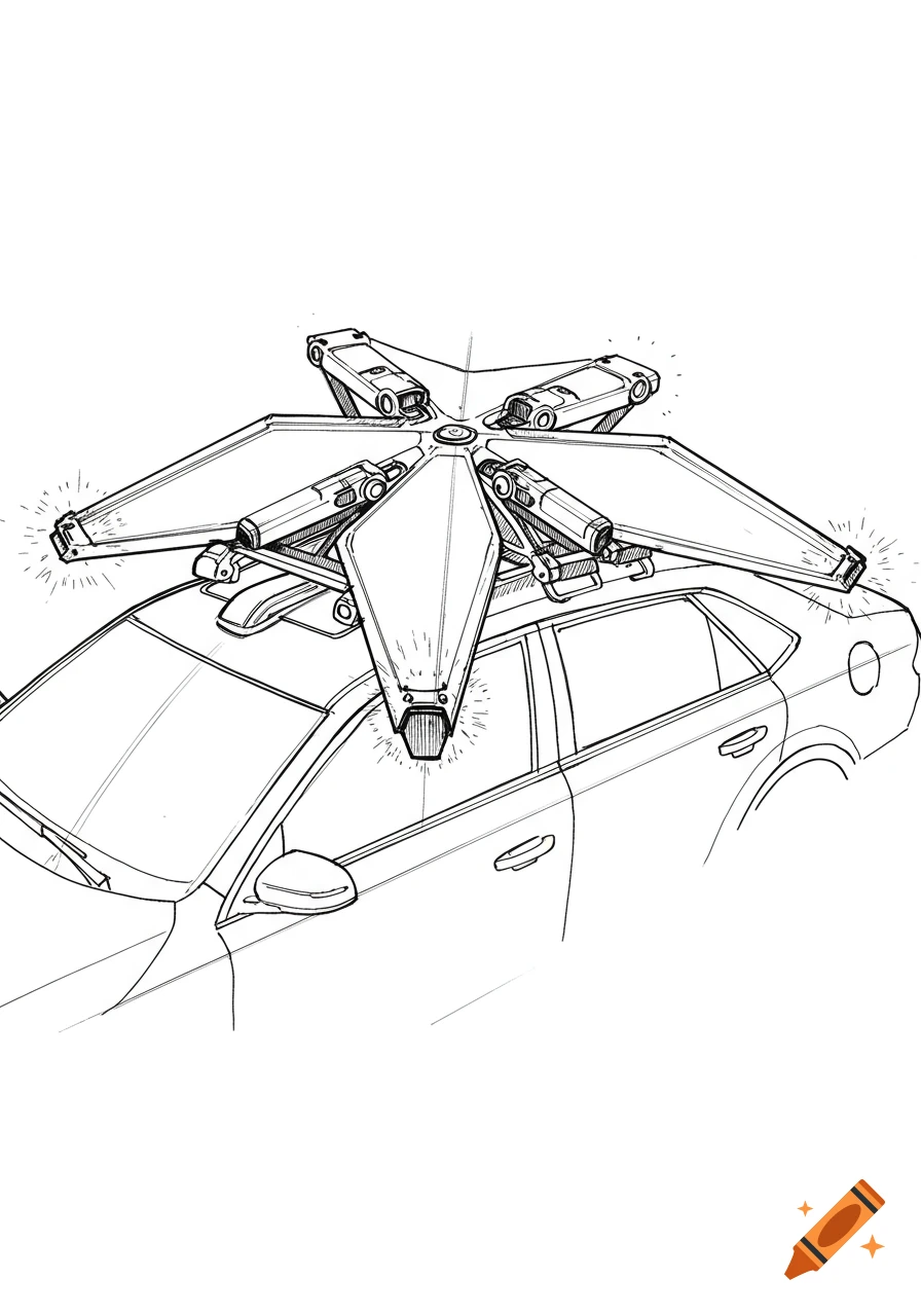 Black and white line drawing of a car with a 4-sided umbrella-like damage protection system mounted on its roof, in a technical sketch style.