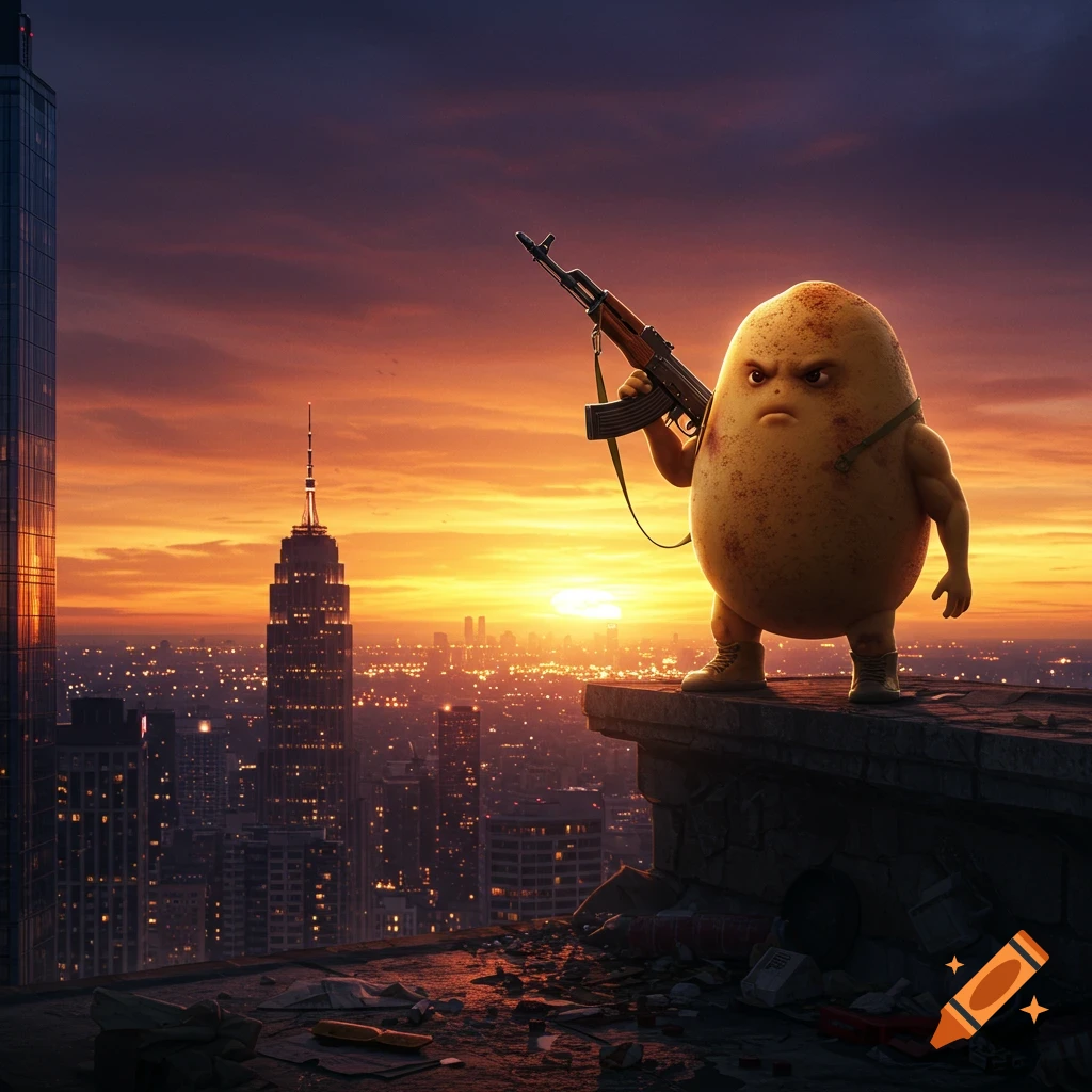 A muscular, angry potato character with an AK-47 stands on a city rooftop at sunset.