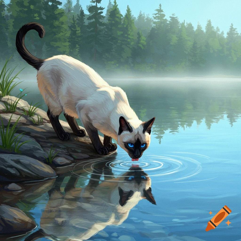 A Siamese cat with bright blue eyes drinks from a lake, its reflection visible. A forest line sits in the misty background.