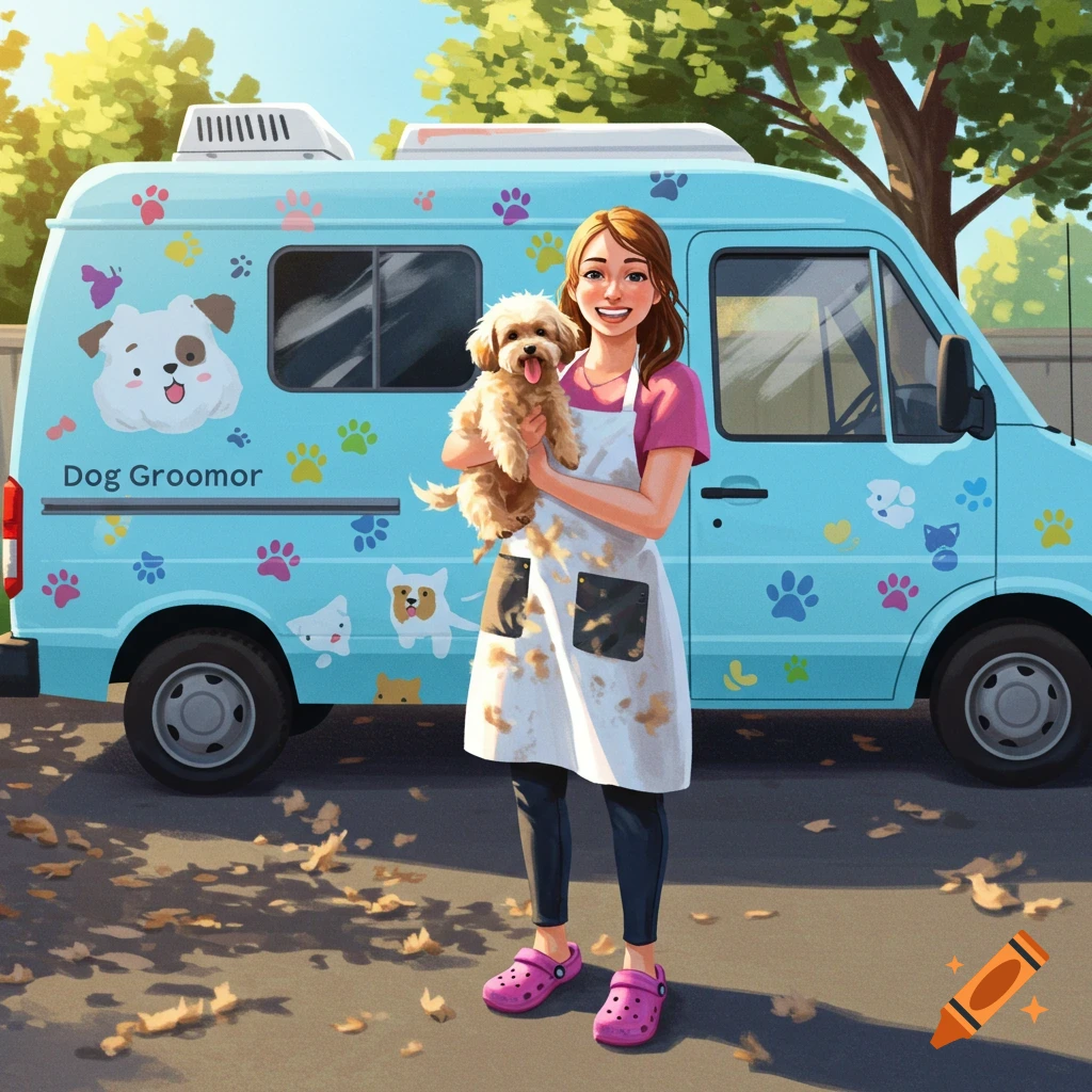 A smiling woman dog groomer holds a fluffy dog in front of a blue mobile grooming van decorated with paw prints, in a sunny cartoon style.