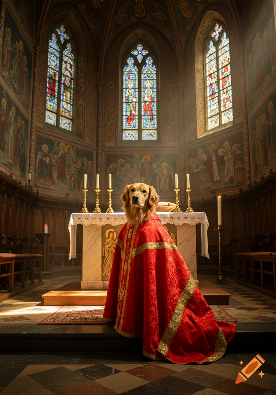 A photorealistic image of a golden retriever wearing a red chasuble, standing solemnly at an ornate altar in a grand church.