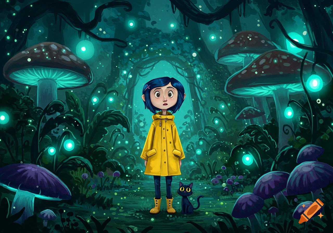Coraline in a yellow raincoat with her black cat stands in an eerie, glowing mushroom forest illustration.