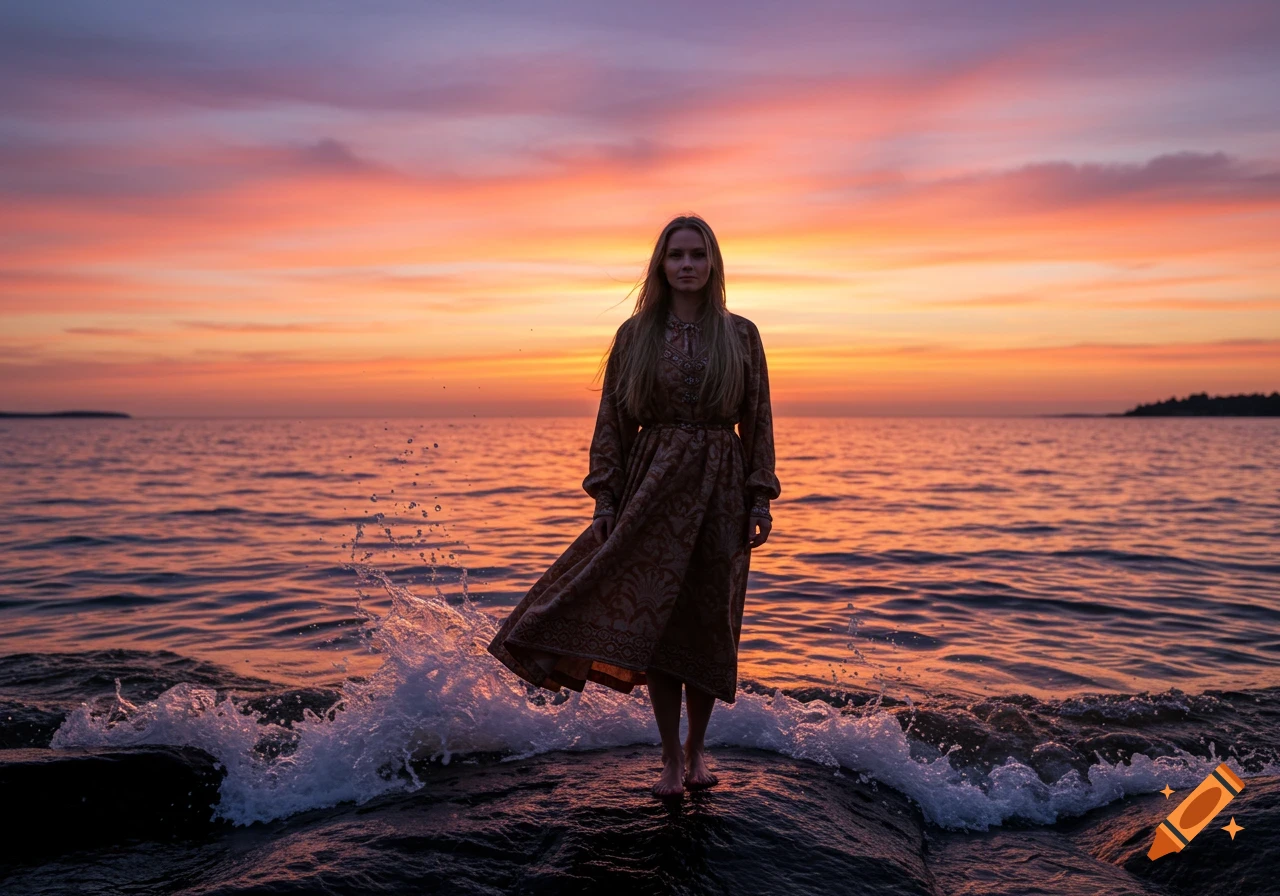 Photorealistic image of a woman in a dress standing on coastal rocks as waves splash, with a colorful sunset sky.