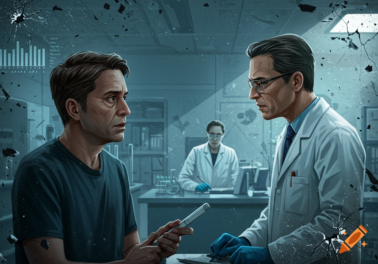 Worried man in a t-shirt looking at a doctor in a lab, shattered lab background, illustration.