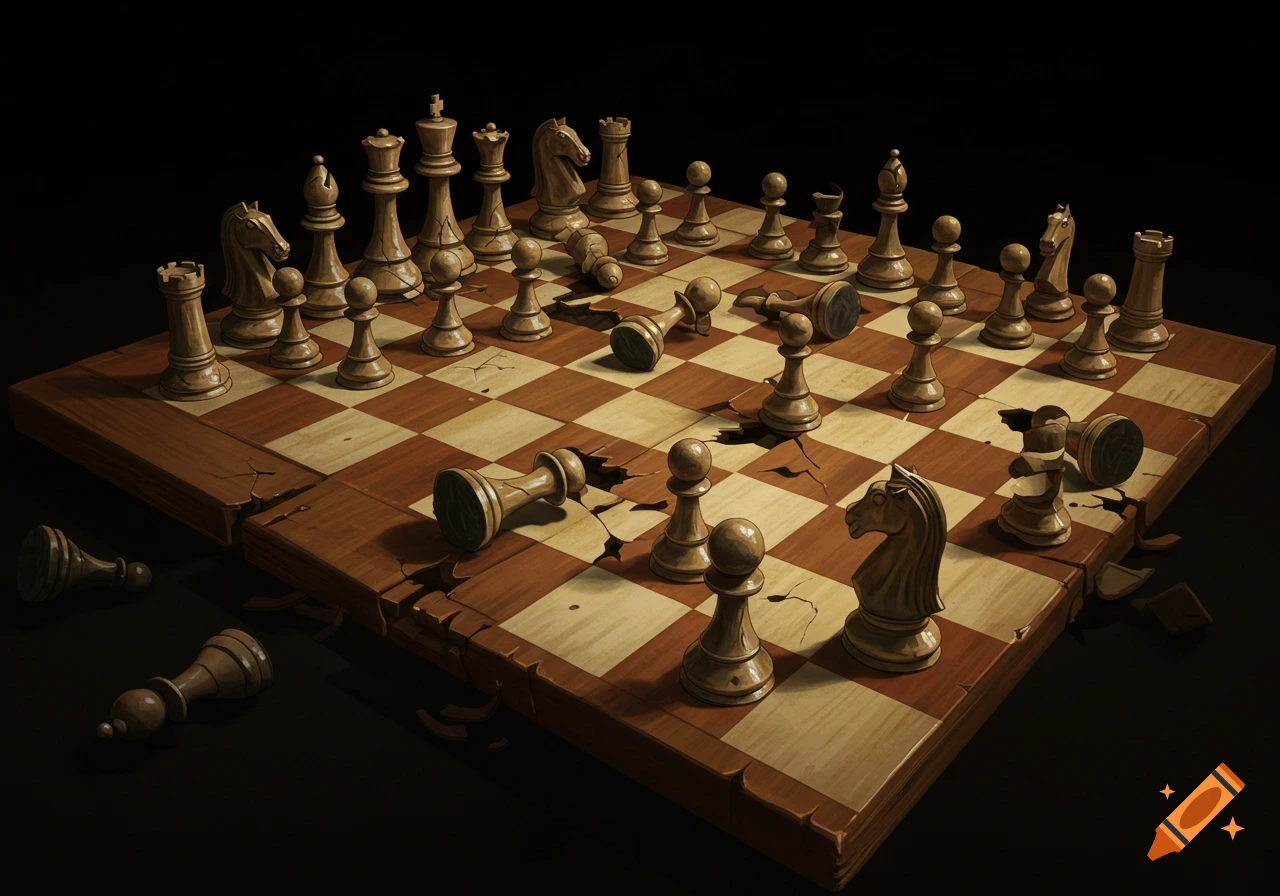 A distressed wooden chess board with numerous broken and jumbled wooden chess pieces scattered across it, against a dark background.