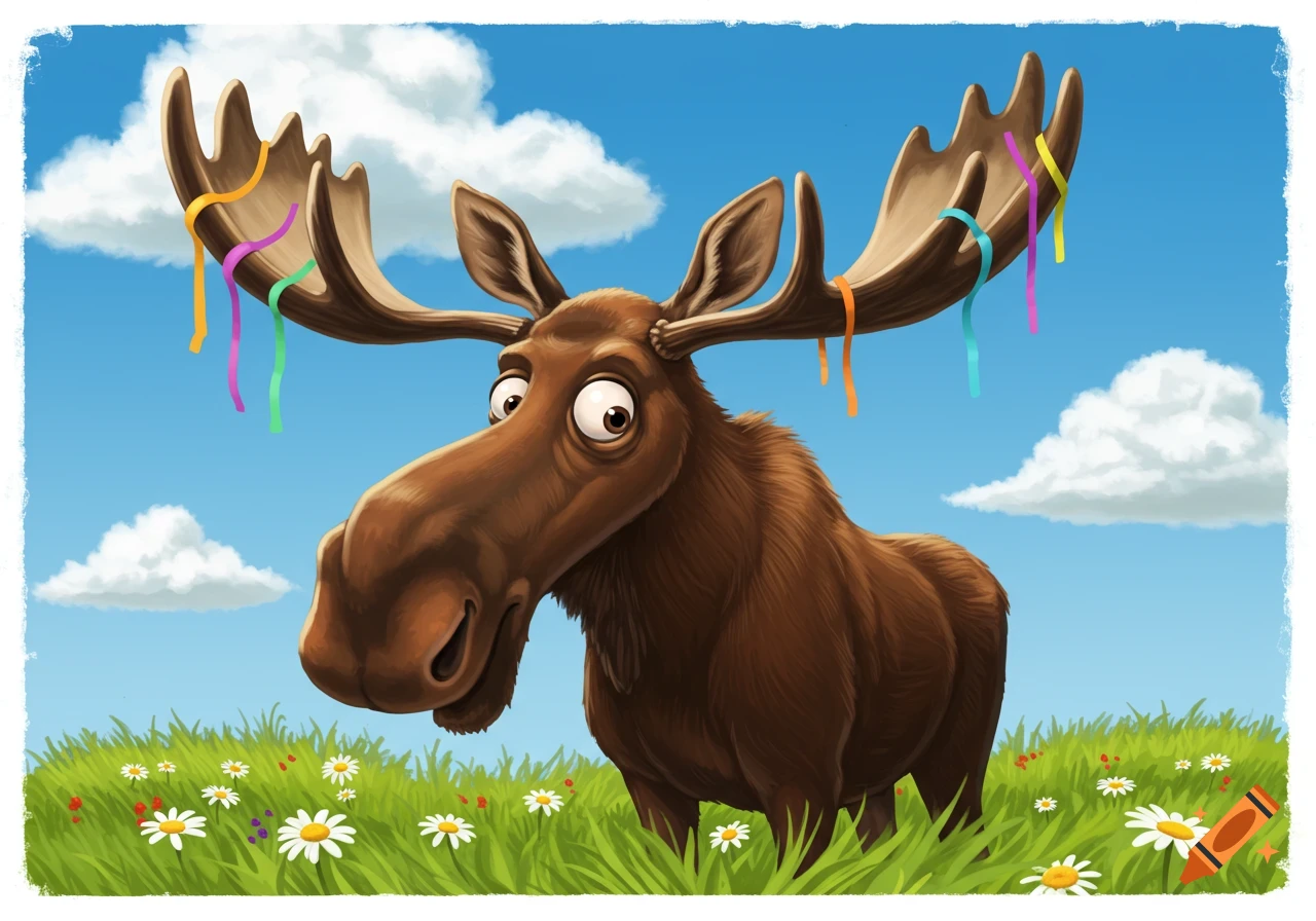 Cartoon moose with wide eyes and colorful ribbons on its antlers in a daisy field under a blue sky.