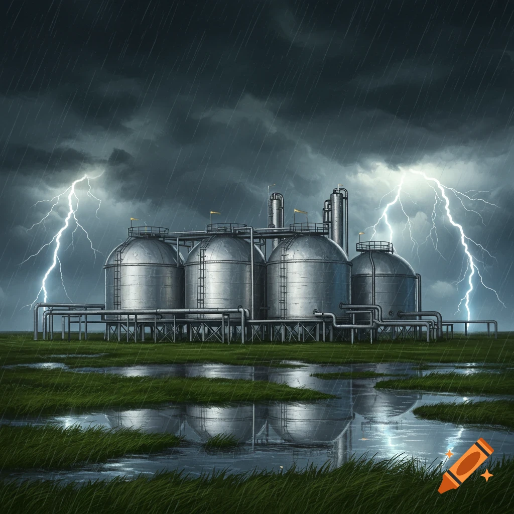 A biogas production facility with large metallic tanks in a stormy landscape under heavy rain and lightning, reflecting in puddles.