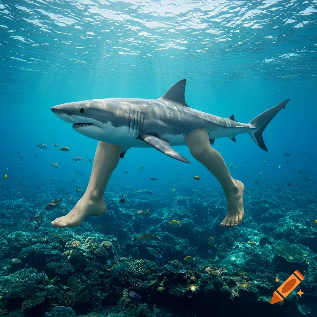 A photorealistic great white shark with human legs swims over a vibrant coral reef among small fish.
