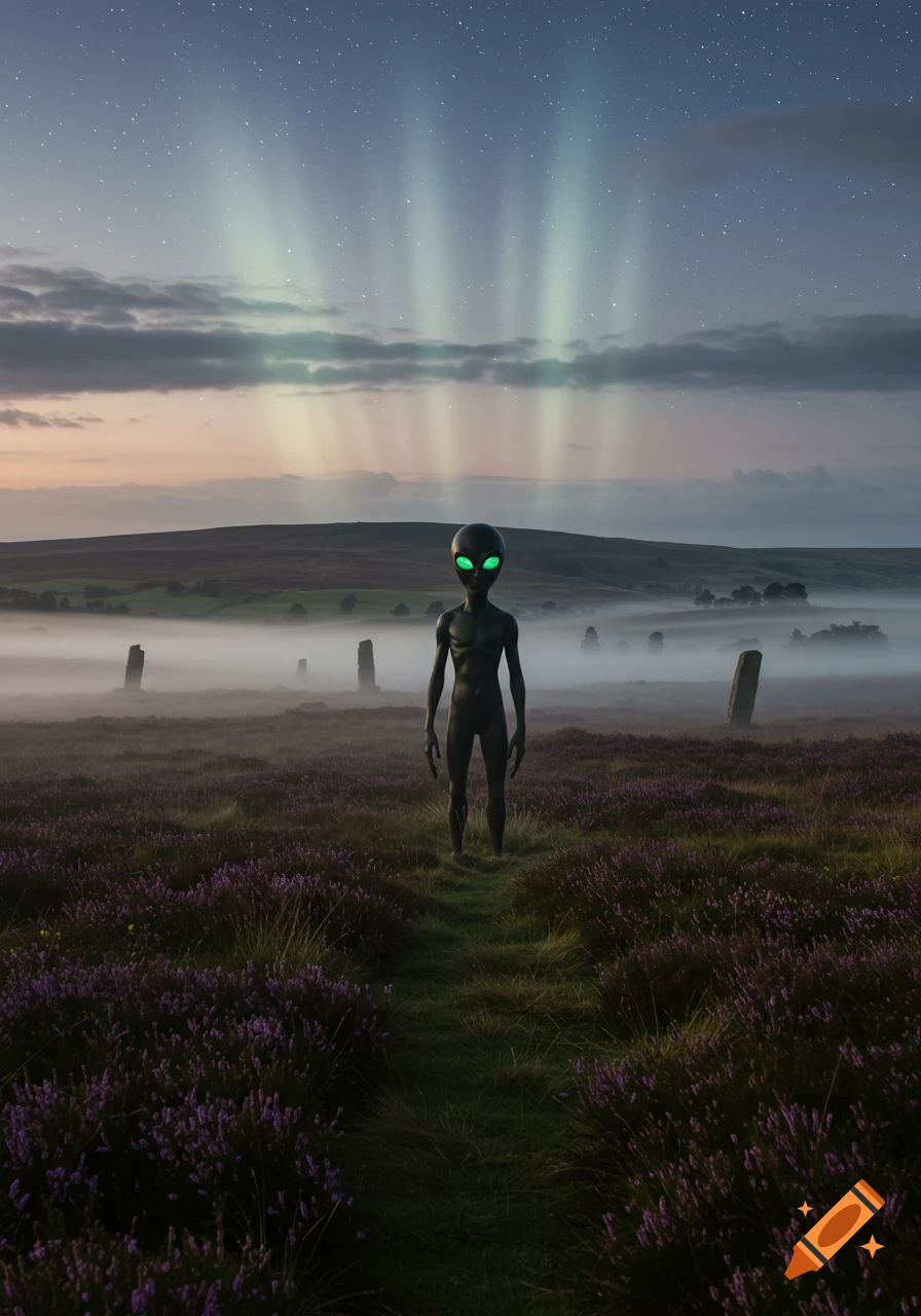 A grey alien with glowing green eyes stands on a path in a misty field of purple heather under a starry night sky with aurora.