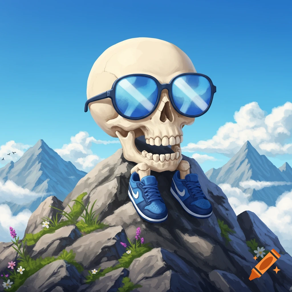A cartoon skull wearing blue sunglasses and blue Nike shoes sits on a rocky mountain peak under a blue sky.
