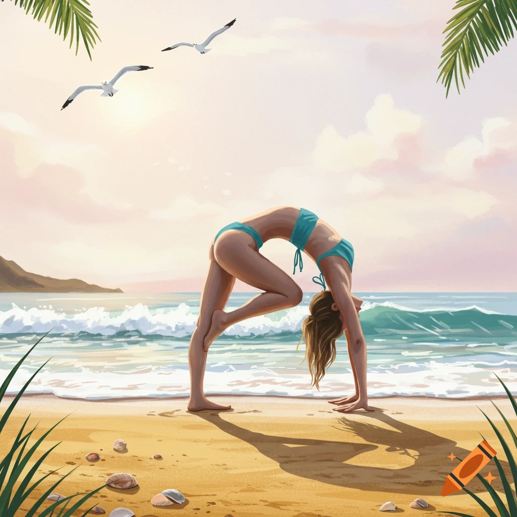 Woman in a bikini doing a wheel pose yoga on a sandy beach with ocean waves, seagulls, and palm fronds in an illustrated style.