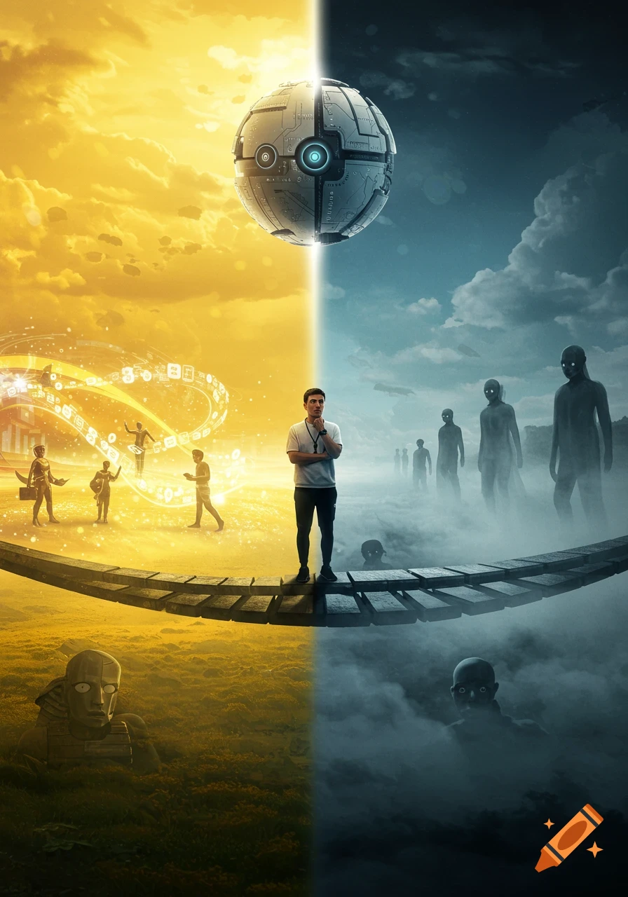 Man on a bridge splitting a scene of bright digital future and dark, foggy fears under a glowing sphere.