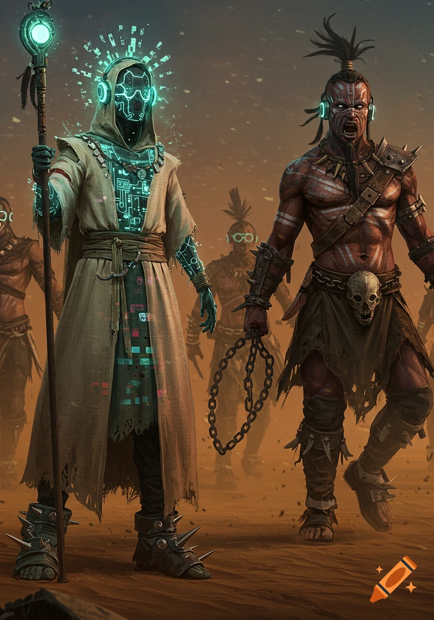 A cyborg shaman with glowing circuitry and staff stands next to a tribal warrior with war paint and chains in a dusty desert.
