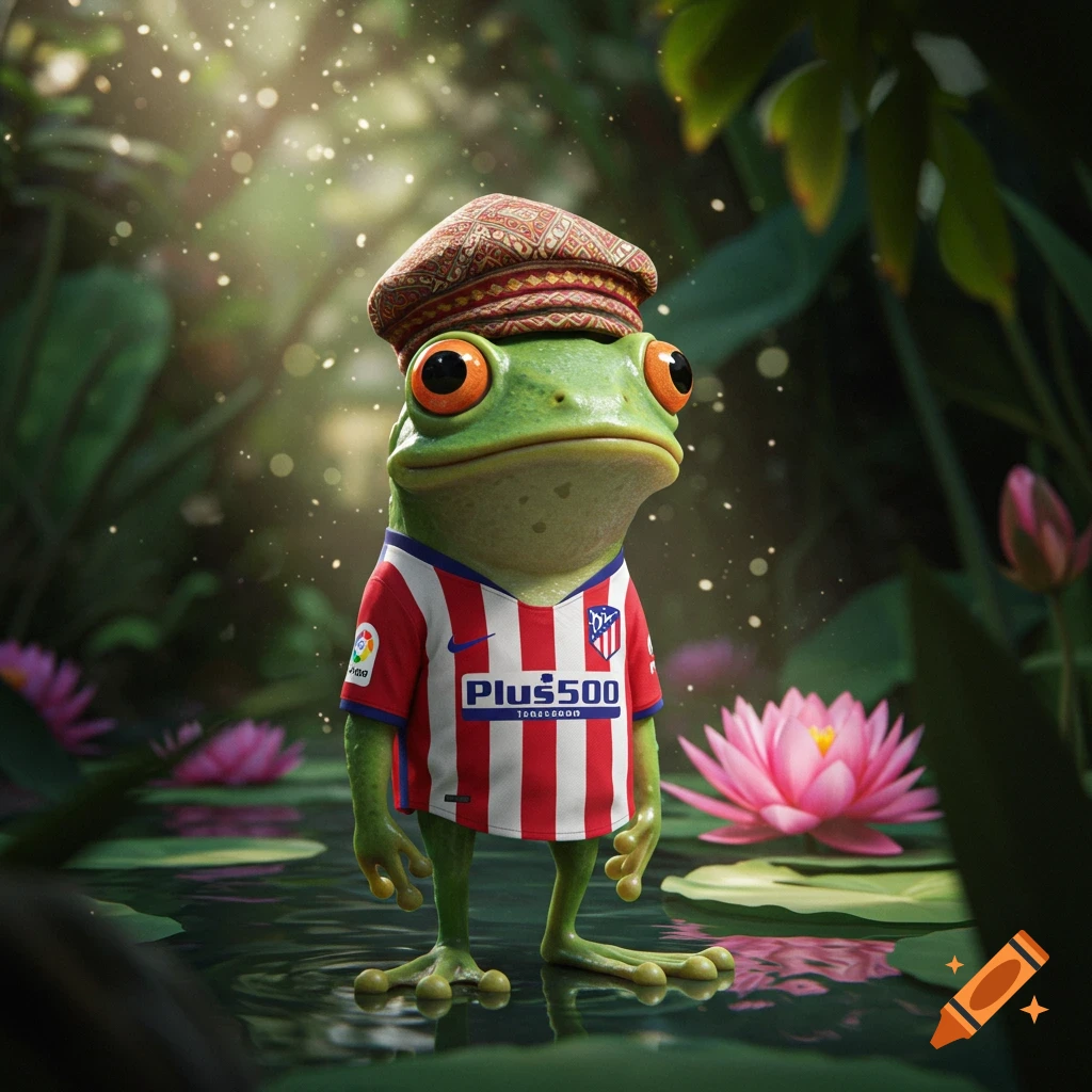 A cartoon frog wearing an Atletico Madrid soccer jersey and a Kufi hat stands in a lily pond with pink lotus flowers.