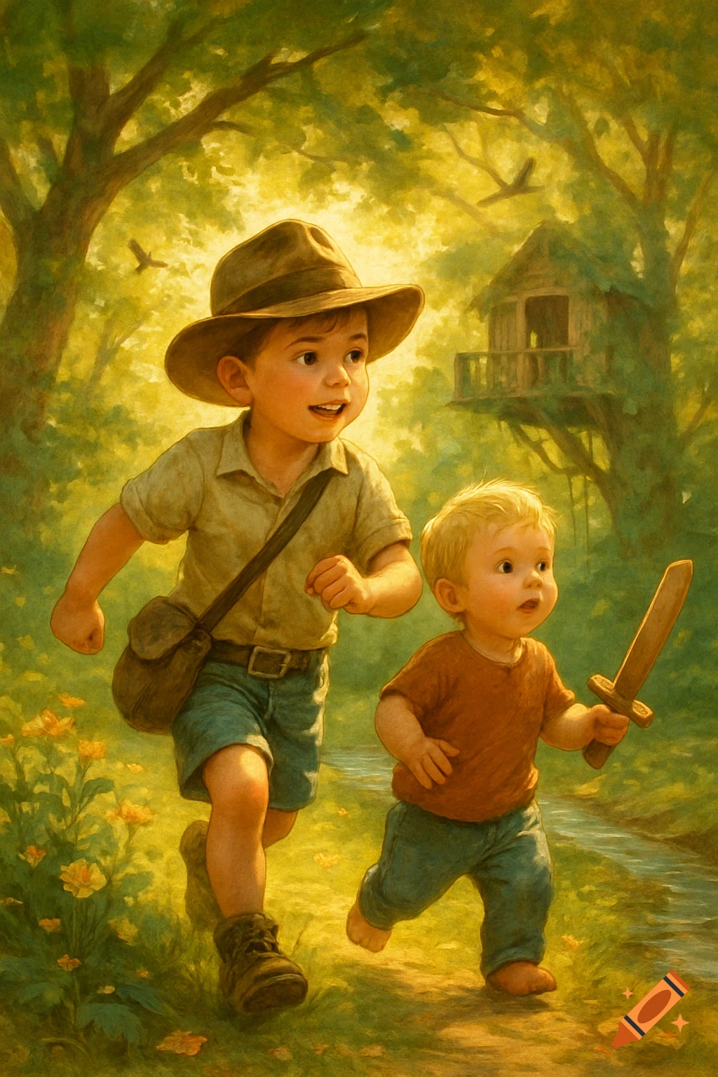 A painterly illustration of two young boys, one in a hat, running on a path through a lush forest with a treehouse in the background.