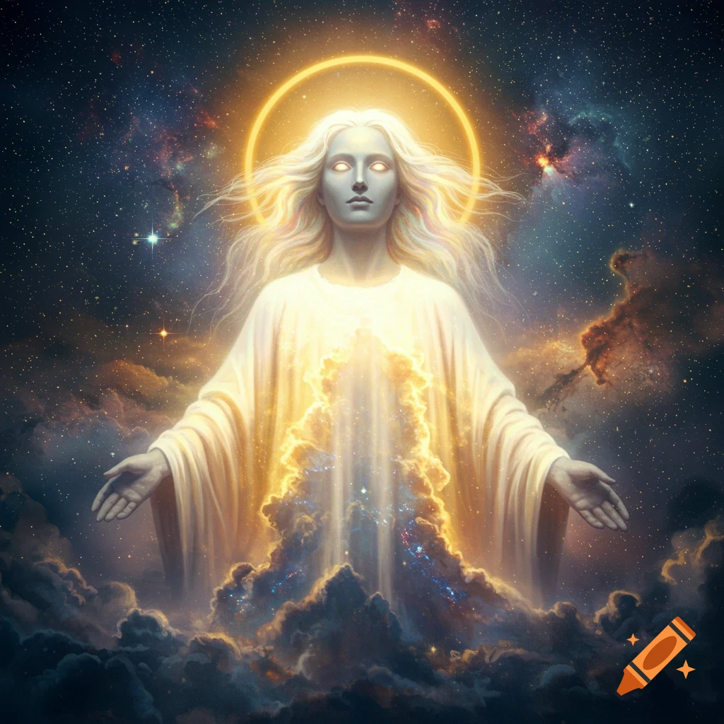A glowing, ethereal being with a halo and long white hair, hands outstretched, emerging from cosmic clouds and stars.