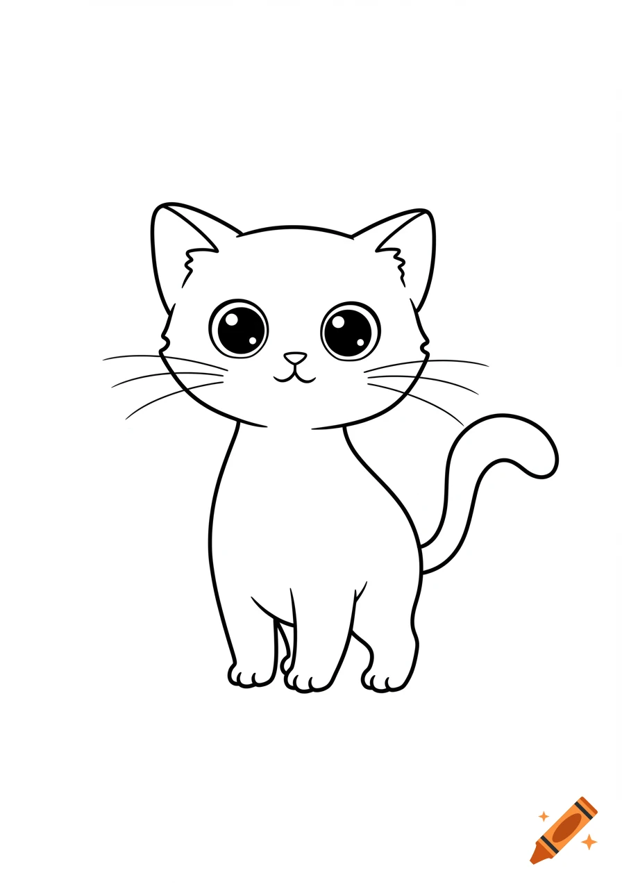 A simple black outline drawing of a cute cartoon cat with large eyes, sitting on a white background.