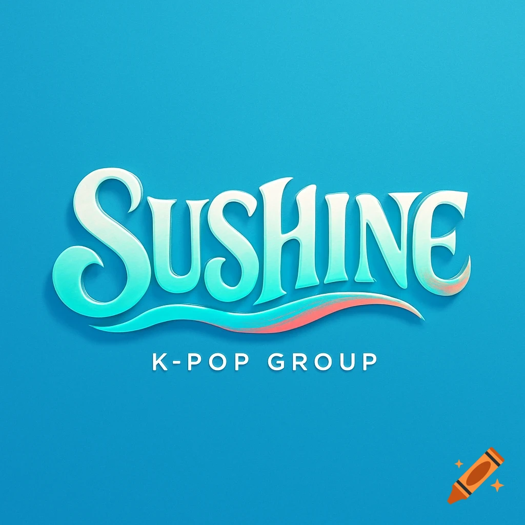 A vibrant blue and white custom typography logo for 'SUSHINE K-POP GROUP' with a wavy accent line on a blue background.