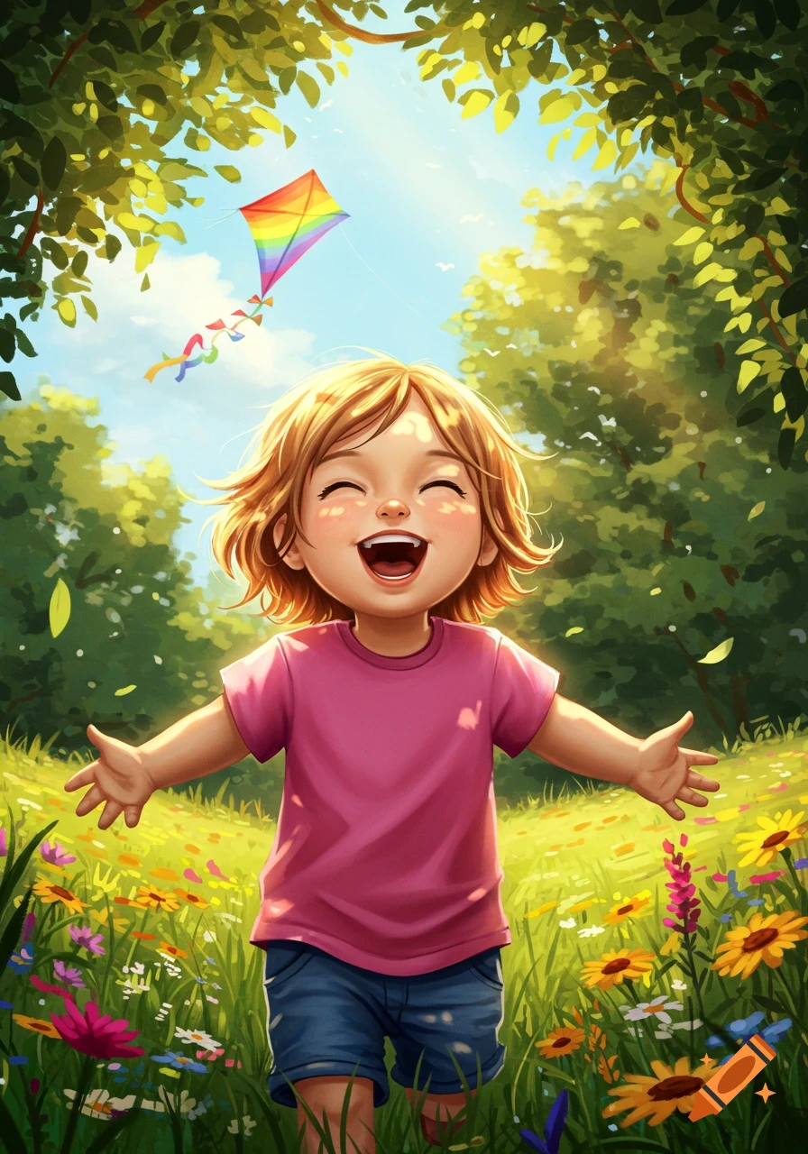 A happy cartoon child with arms open, laughing in a sunny field of colorful flowers with green trees and a kite flying in the blue sky.