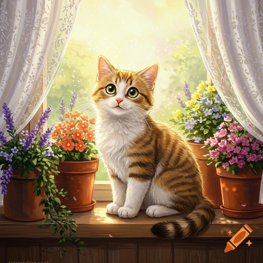 A cute tabby cat sits on a sunlit window sill, surrounded by colorful potted flowers and sheer white curtains, in a charming digital painting.