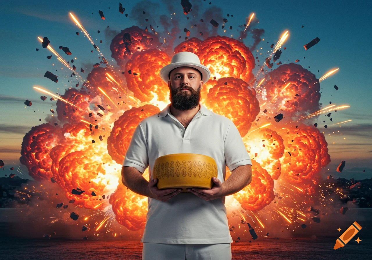 A bearded man in a white hat and shirt holds a large cheese wheel as explosions erupt behind him.