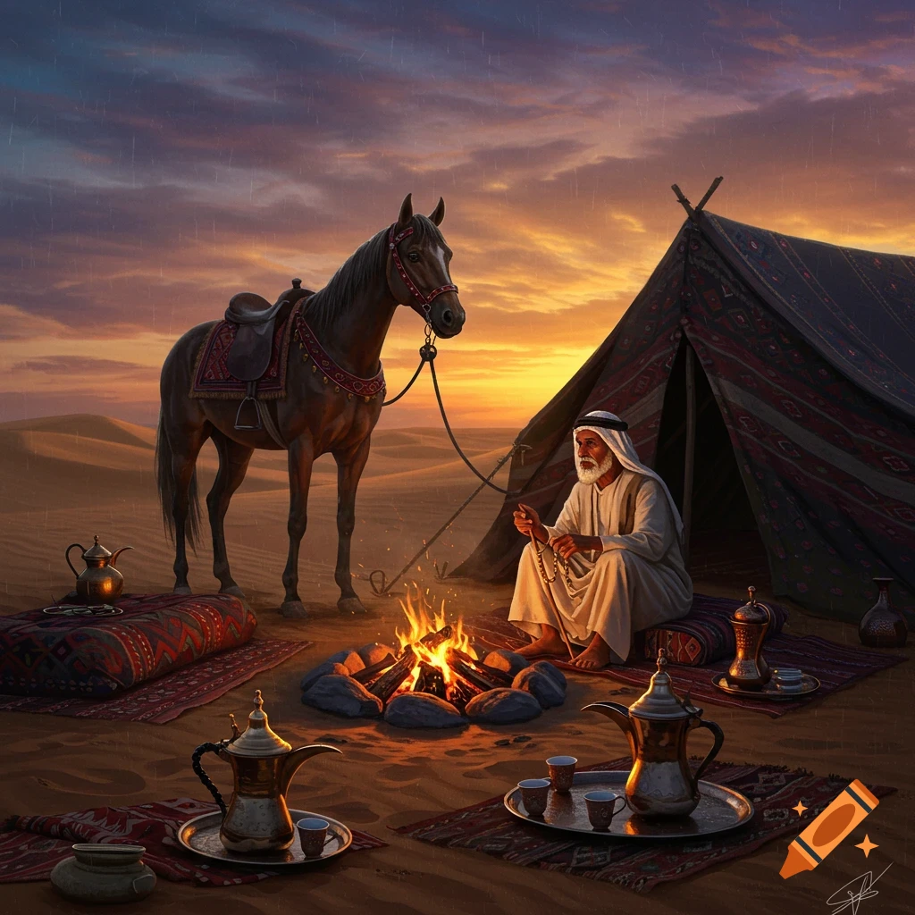 Old Arab man by a desert campfire at sunset, holding prayer beads. A saddled horse stands near a tent. Coffee pots are on sand.