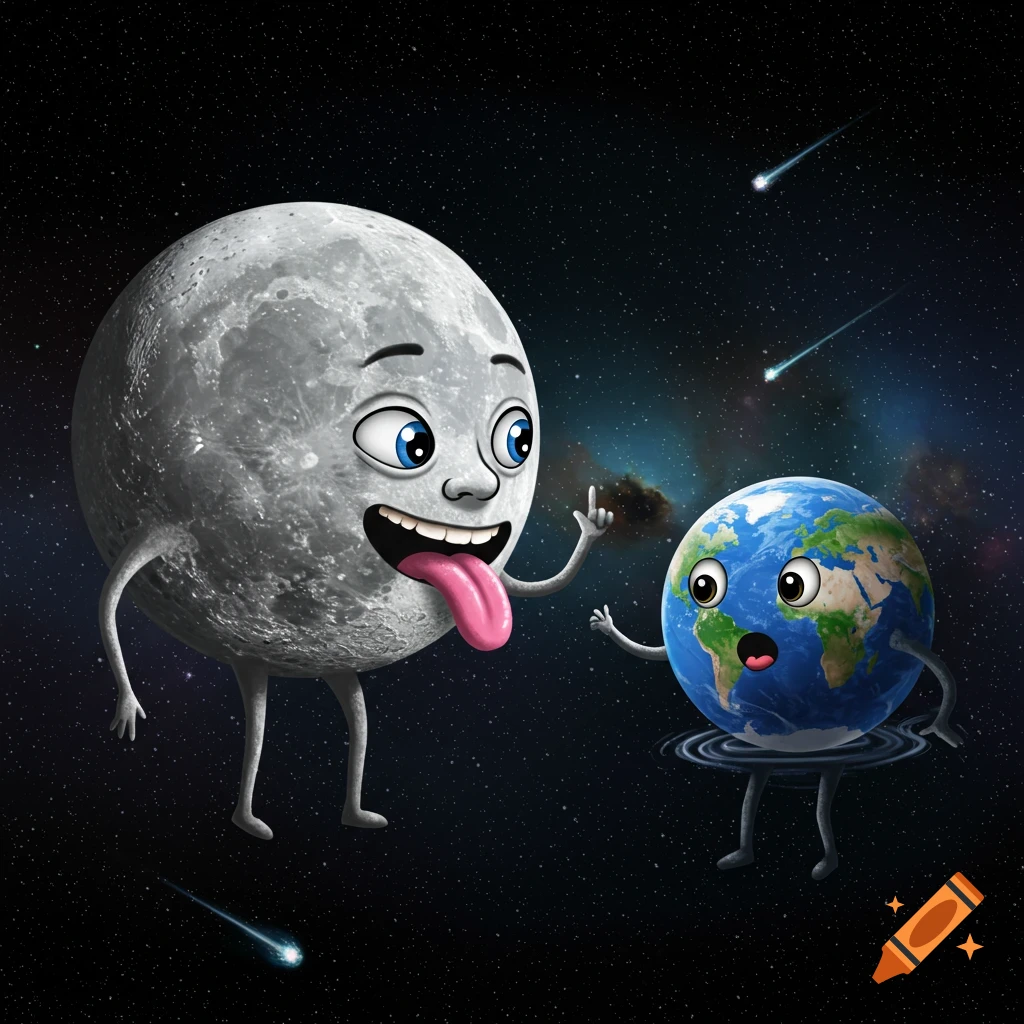 Cartoon Moon with tongue sticking out at a scared Earth in starry space with shooting stars.