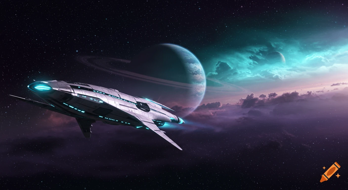 A futuristic spaceship with blue lights flies past a ringed alien planet and colorful nebulae in deep space.
