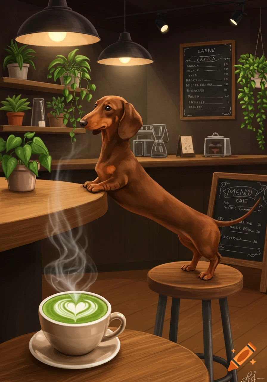 A long brown dachshund stands on a stool, leaning on a wooden counter in a cozy cafe, looking at a steaming matcha latte on a table in the foreground. Illustrated style.
