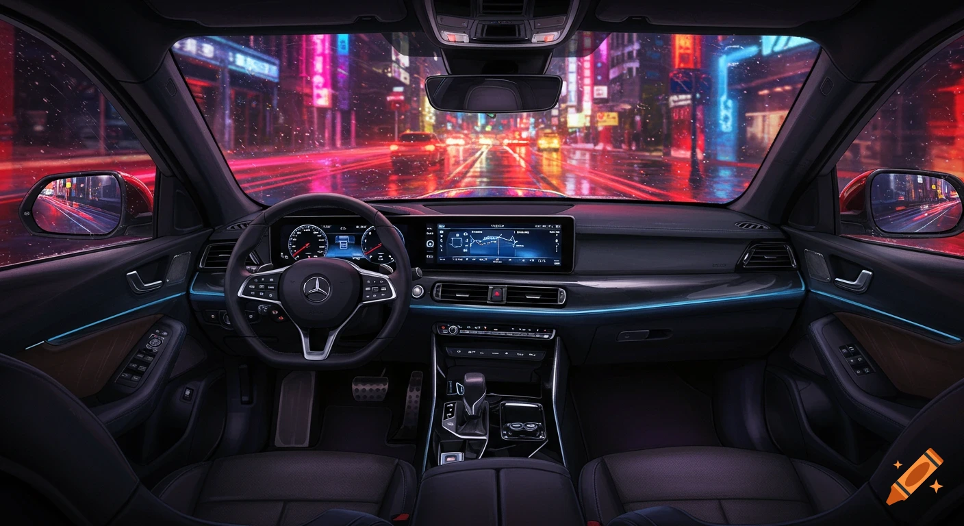 Photorealistic interior view from a driver's perspective in a modern car, looking out at a neon-lit, wet city street at night.