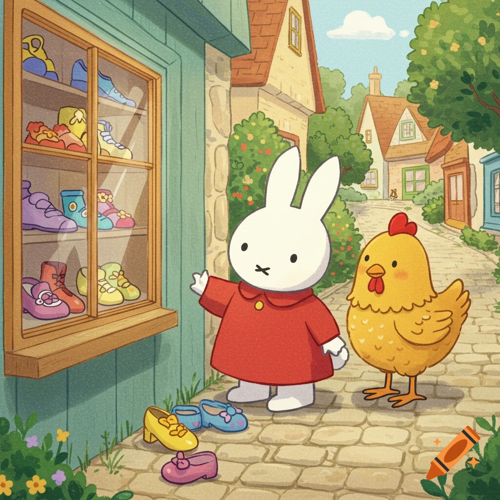 Miffy the white rabbit and a yellow chicken look at colorful shoes in a shop window on a cobblestone street in a cartoon village.