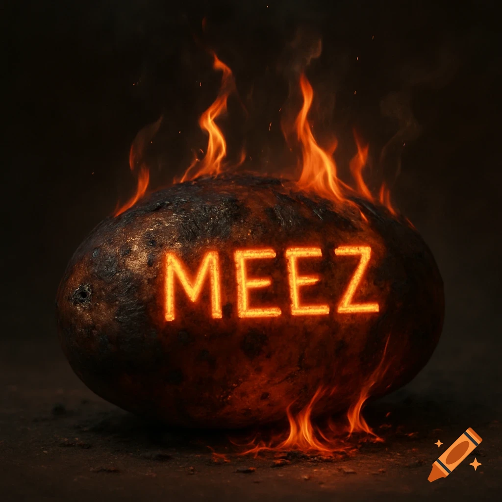 A burnt potato surrounded by flames, with the glowing word MEEZ in the center.