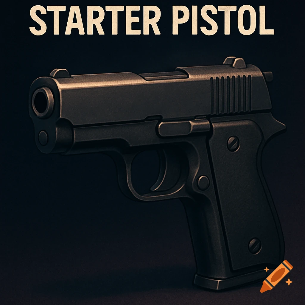 A dark grey pistol with 'STARTER PISTOL' text above it, set against a black background.