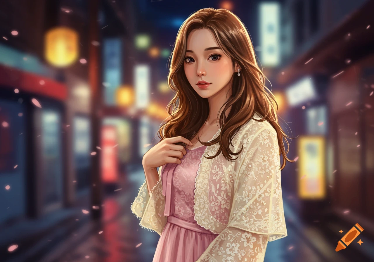 Anime-style portrait of a young woman with long brown hair, wearing a pink dress and white lace shrug, standing on an illuminated street with falling petals.