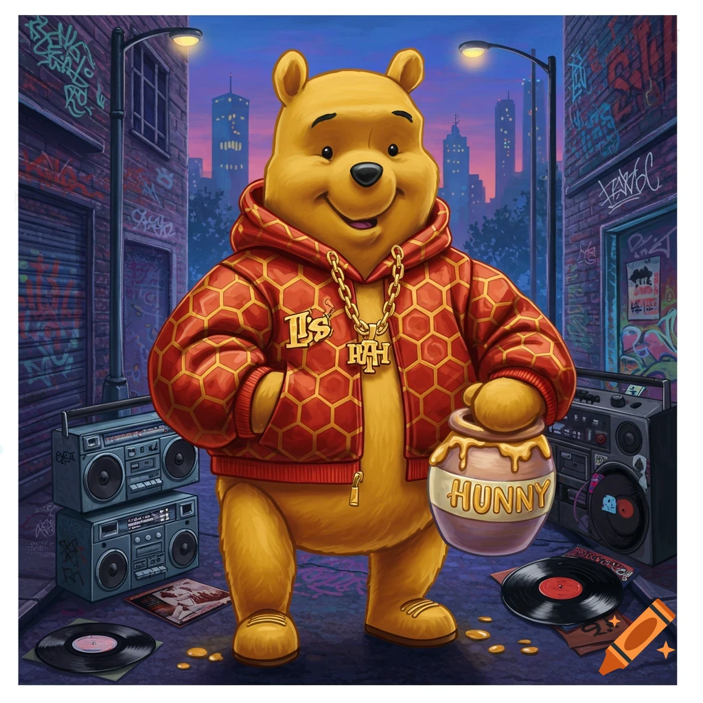 Winnie the Pooh dressed as a rapper with a gold chain, red honeycomb-patterned hoodie, holding a pot of "HUNNY." He stands in an alley with graffiti-covered walls, boomboxes, and vinyl records under streetlights, with a city skyline in the background.
