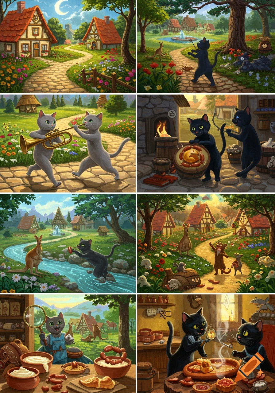 A collage of storybook-style illustrations featuring cartoon cats in a charming village setting, engaged in activities like playing music, cooking, and interacting with kangaroos.