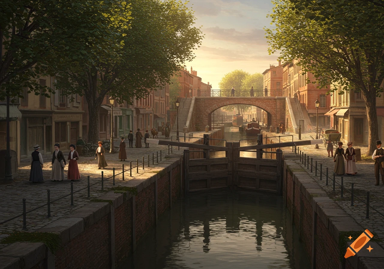 A bustling 1900s street scene with a canal lock, a brick bridge, and pedestrians under a warm, cloudy sky.