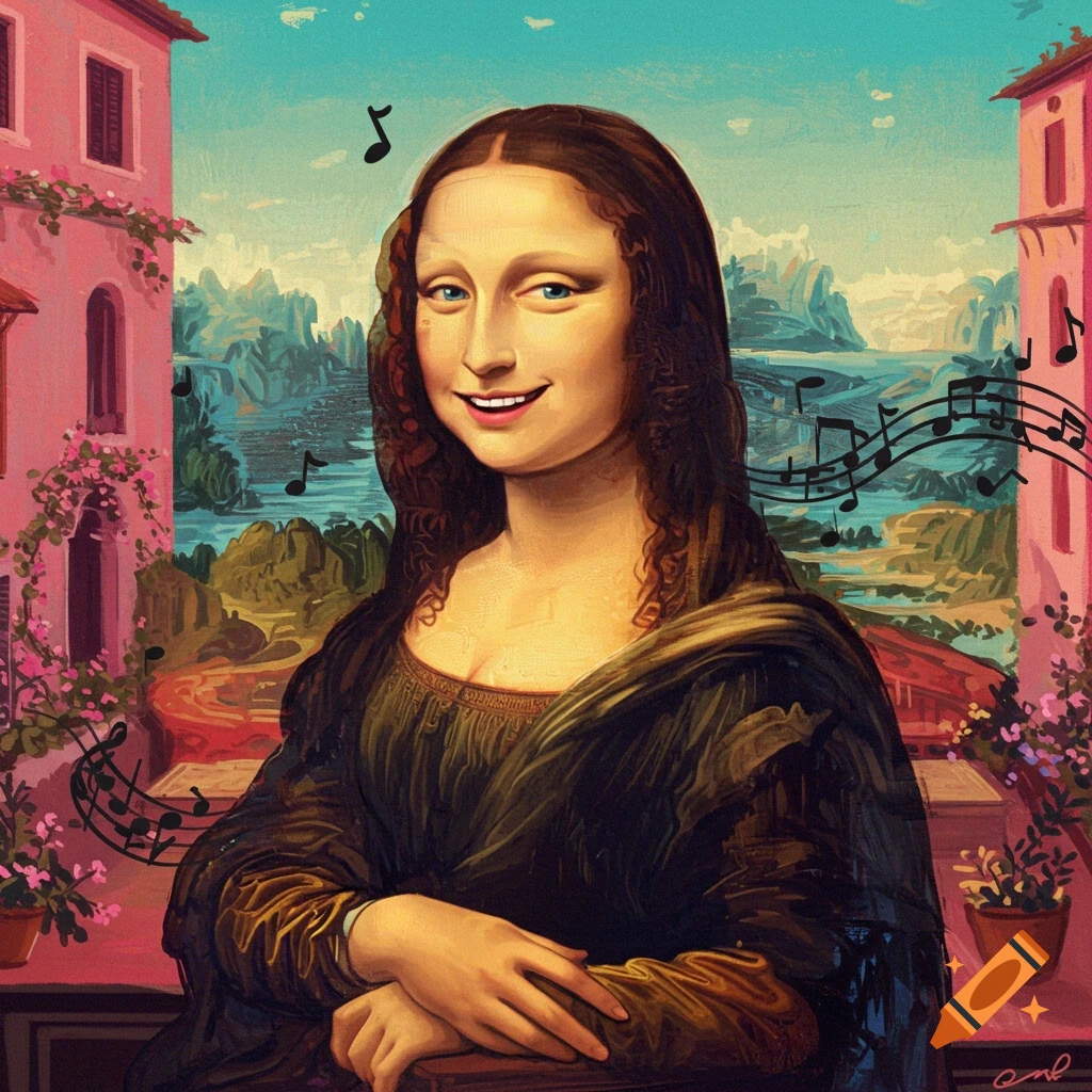 Mona Lisa with a wide, cheerful smile and blue eyes, surrounded by musical notes, against a colorful landscape and pink buildings.