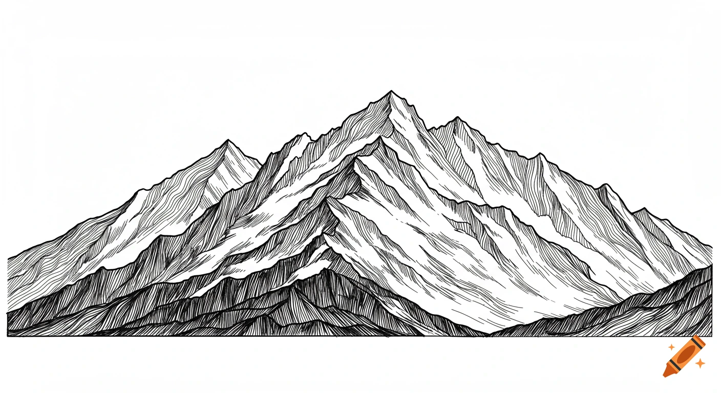 A black and white line drawing illustrating rugged mountains with detailed peaks and valleys against a white background.