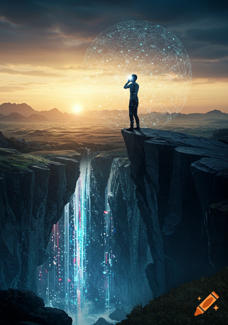 A silhouette of a person on a cliff overlooks a digital waterfall, holding up a glowing data sphere against a sunset sky. Sci-fi digital art.