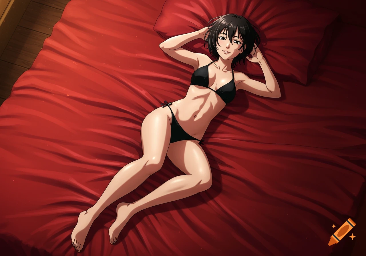 Digital art of a smiling anime woman in a black bikini lying on her back on a red bed.