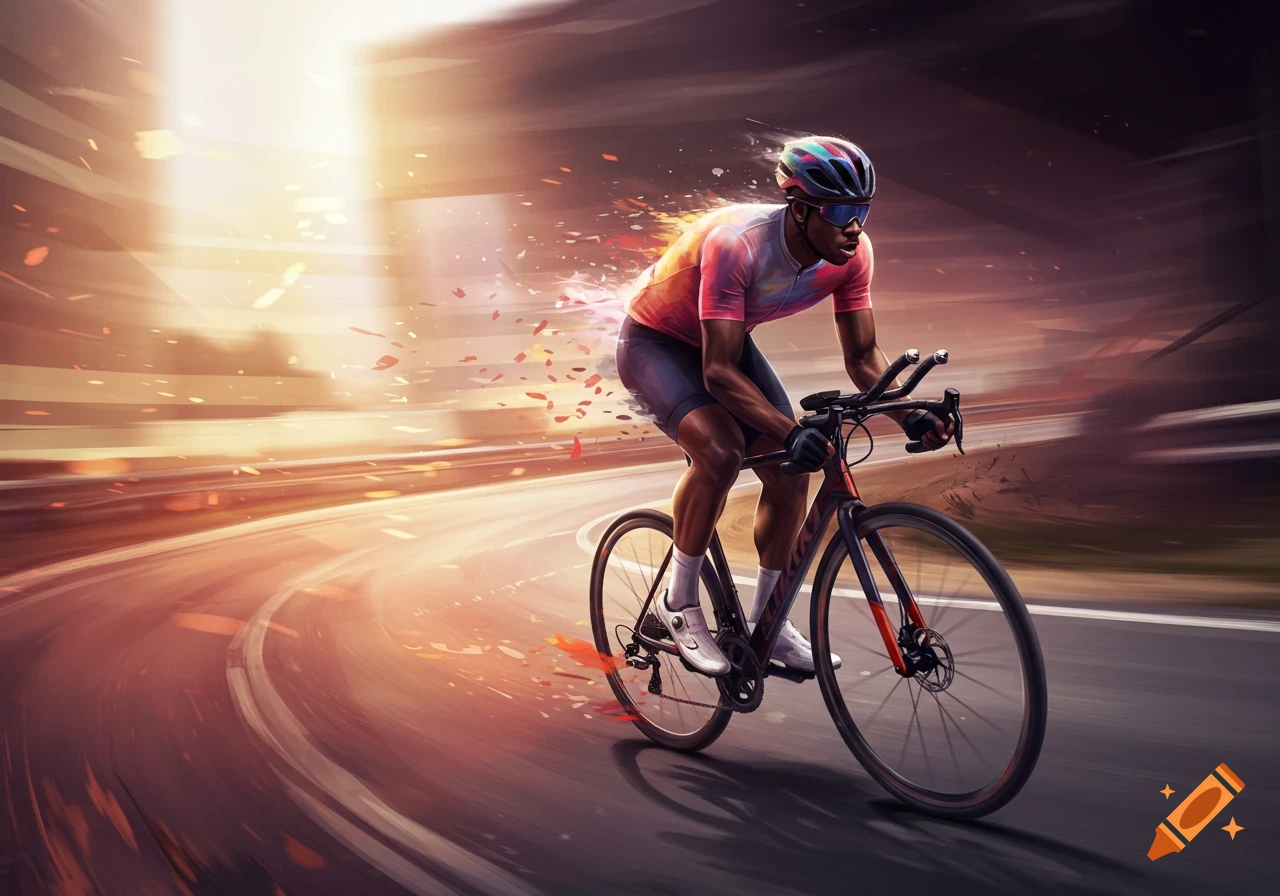 Abstract painting of a Black man cycling intensely on a road, surrounded by motion blur and dynamic light effects.