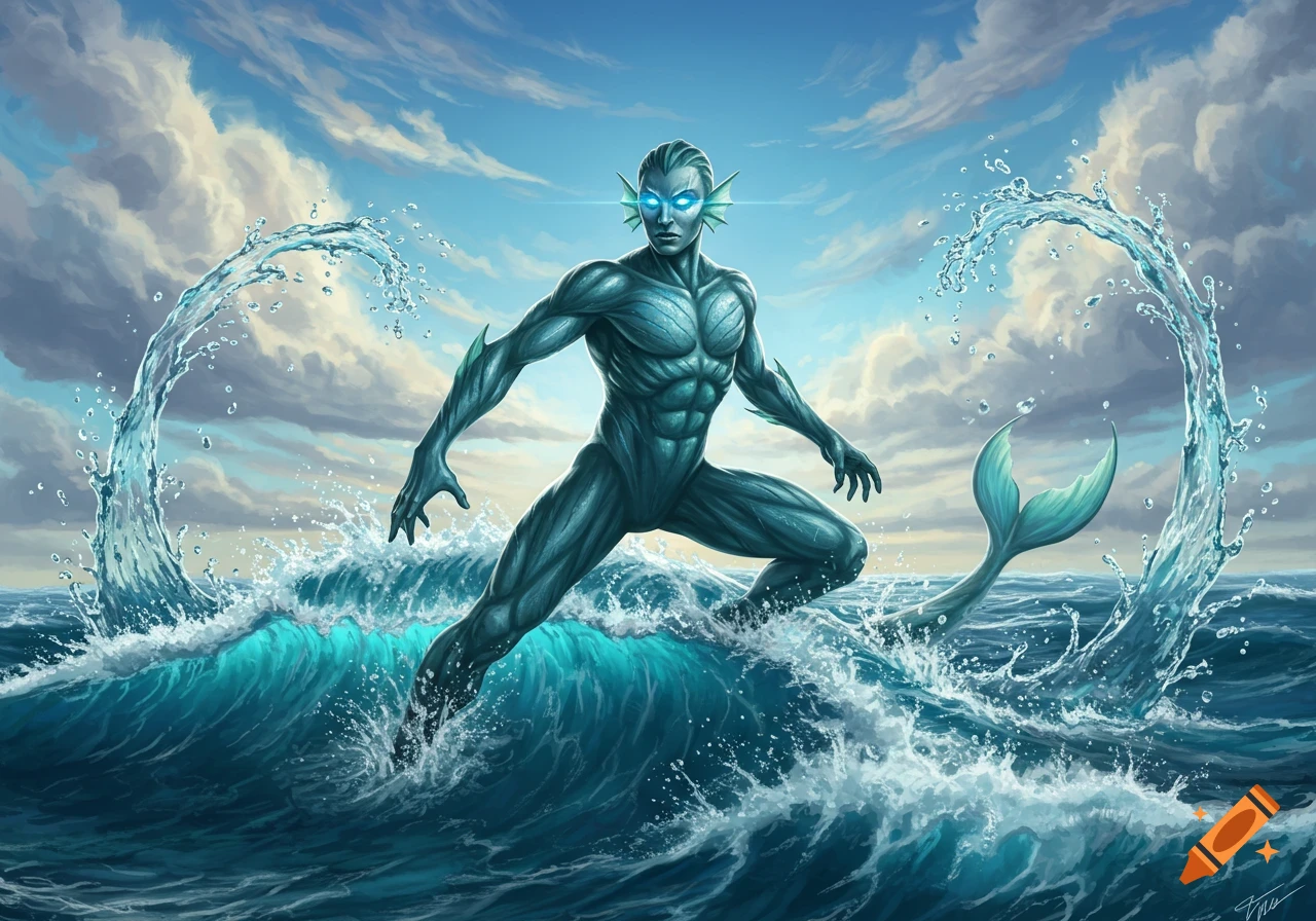 A teal-skinned water superhero with glowing blue eyes emerges from turbulent ocean waves, surrounded by splashing water, in a digital art style.